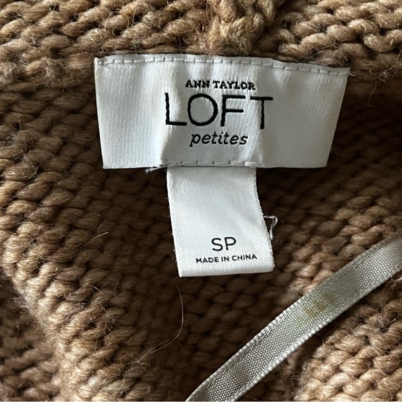LOFT Alpaca Wool Blend Cardigan Sweater Cable Knit Hood Button Tan Cozy Petite S - Picture 6 of 11